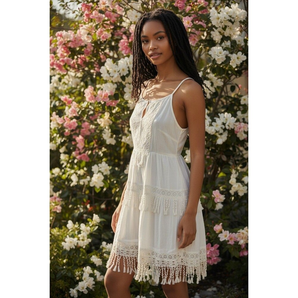 American Eagle Boho Crochet Lace Fringe Dress Ivory Festival Sundress NWT